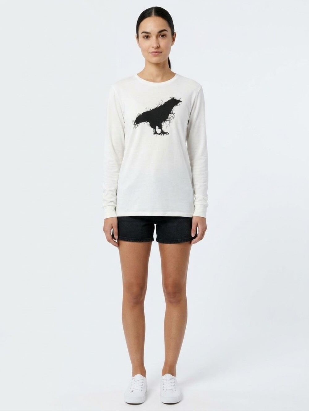 White Long-Sleeve Crewneck Sweater with Black Crow Graphic Up To Size 3XL NWT